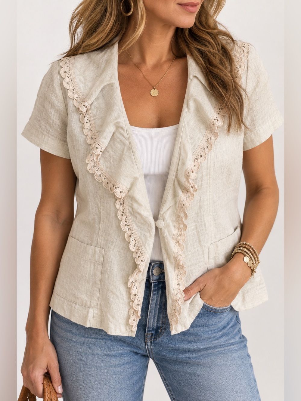 John Paul Richard Linen Blend Lace Trim Jacket Top L Boho Cottagecore